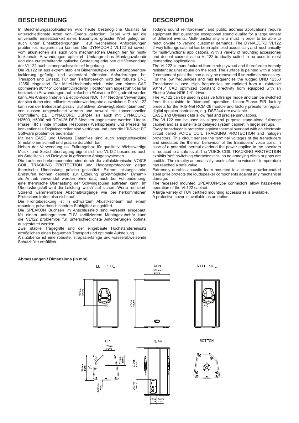 Beschreibung, Description | Dynacord VL 122 User Manual | Page 2 / 6