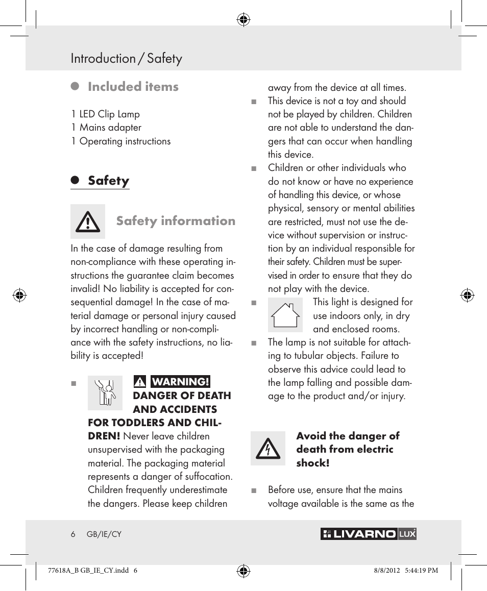 Introduction / safety, Included items, Safety safety information | Livarno Z31303A-BS Z31303B-BS User Manual | Page 6 / 16