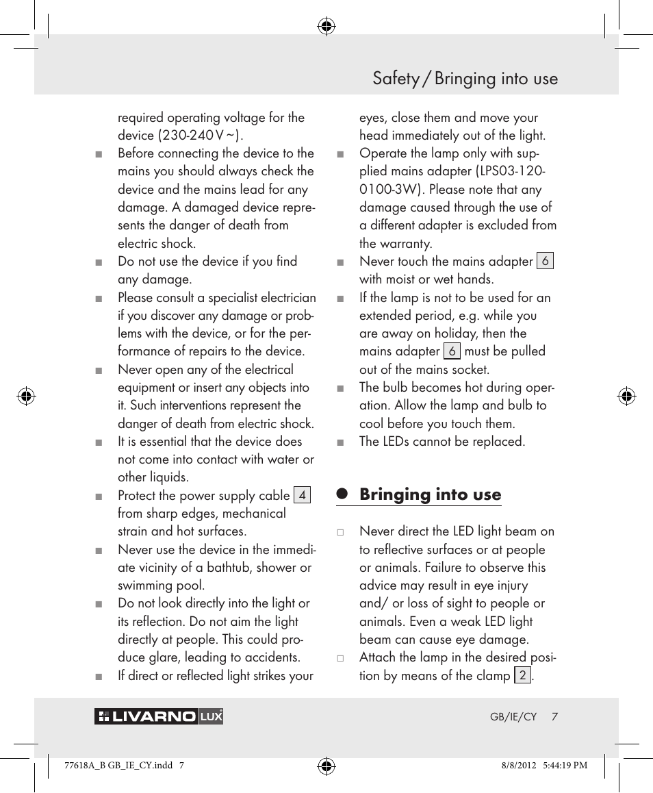 Safety / bringing into use, Bringing into use | Livarno Z31303A-BS Z31303B-BS User Manual | Page 7 / 16