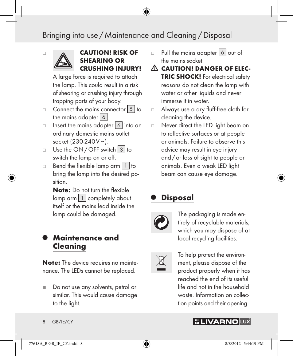 Maintenance and cleaning, Disposal | Livarno Z31303A-BS Z31303B-BS User Manual | Page 8 / 16