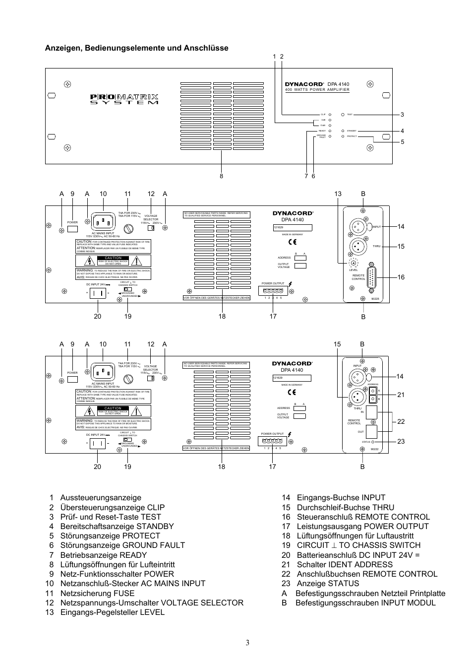 Anzeigen, bedienungselemente und anschlüsse | Dynacord DPA 4120 User Manual | Page 3 / 72