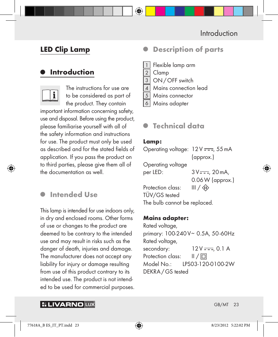 Introduction, Led clip lamp, Intended use | Description of parts, Technical data | Livarno Z31303A-BS Z31303B-BS User Manual | Page 23 / 34