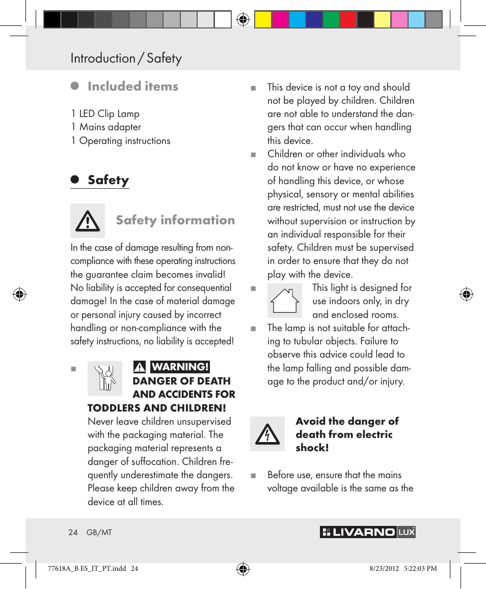 Introduction / safety, Included items, Safety safety information | Livarno Z31303A-BS Z31303B-BS User Manual | Page 24 / 34