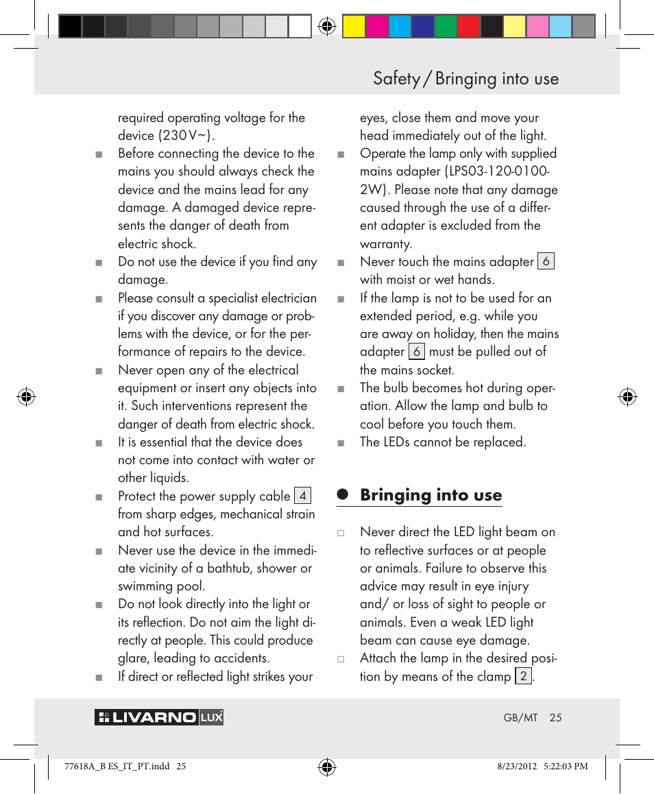 Safety / bringing into use, Bringing into use | Livarno Z31303A-BS Z31303B-BS User Manual | Page 25 / 34