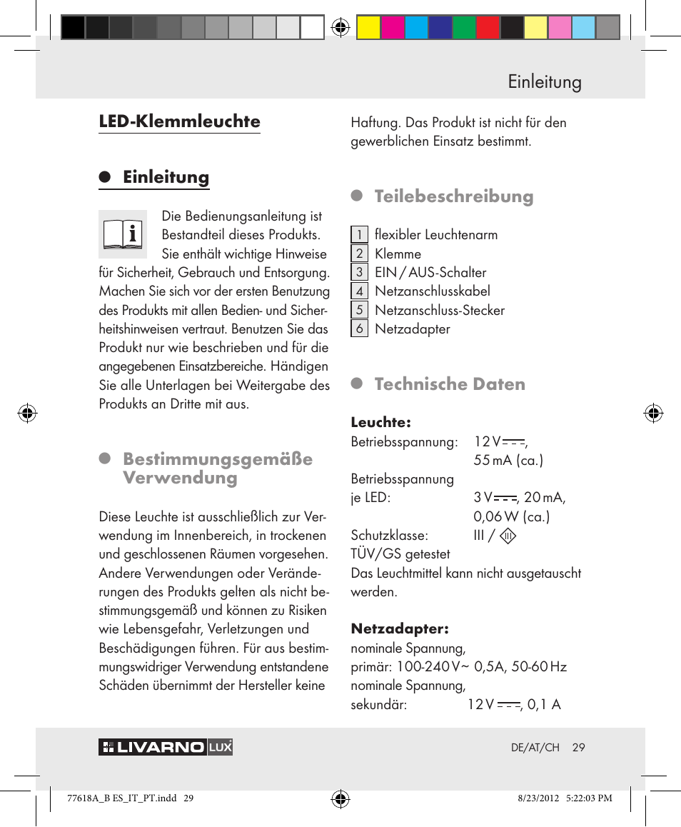 Einleitung, Led-klemmleuchte, Bestimmungsgemäße verwendung | Teilebeschreibung, Technische daten | Livarno Z31303A-BS Z31303B-BS User Manual | Page 29 / 34