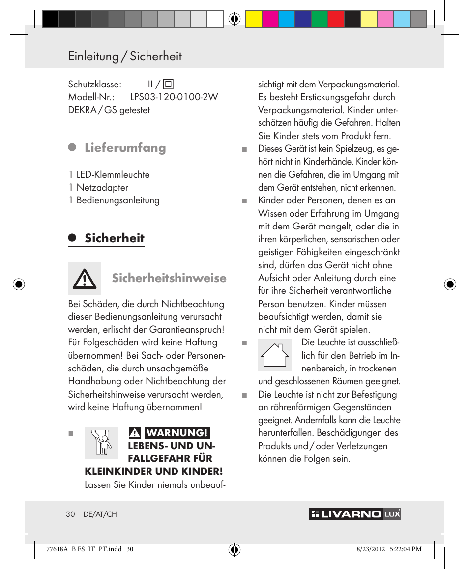 Einleitung / sicherheit, Lieferumfang, Sicherheit sicherheitshinweise | Livarno Z31303A-BS Z31303B-BS User Manual | Page 30 / 34