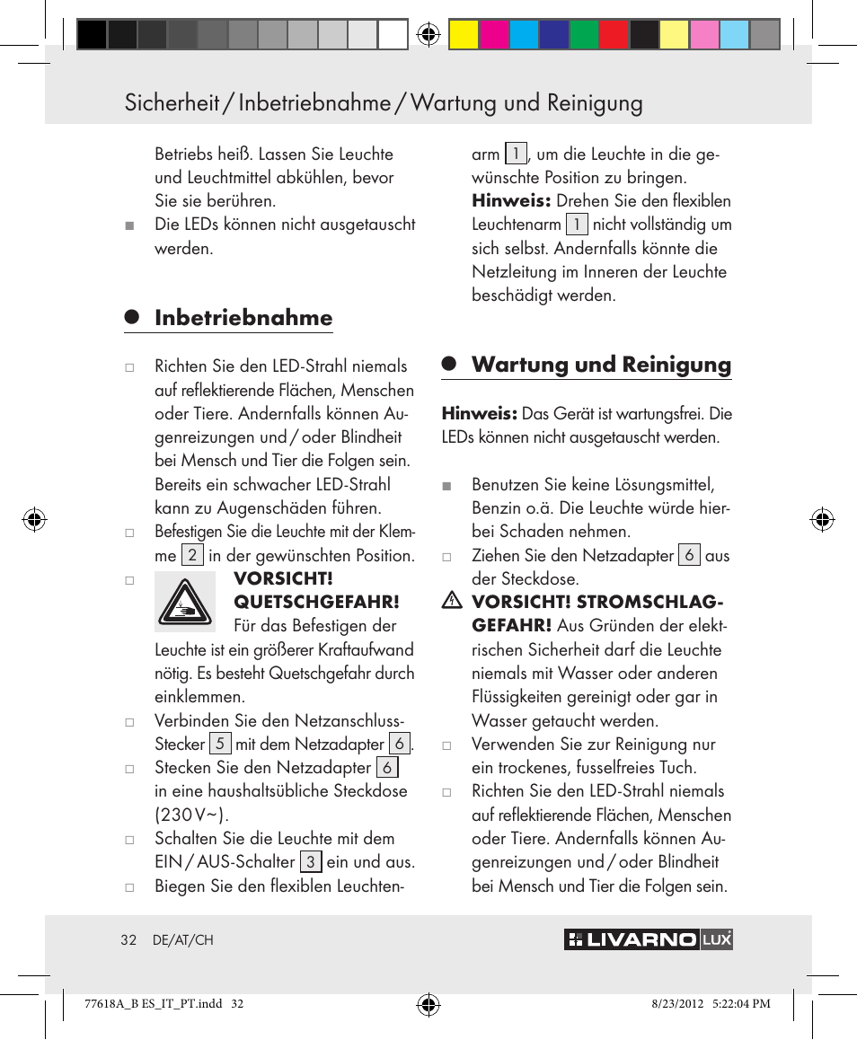 Inbetriebnahme, Wartung und reinigung | Livarno Z31303A-BS Z31303B-BS User Manual | Page 32 / 34