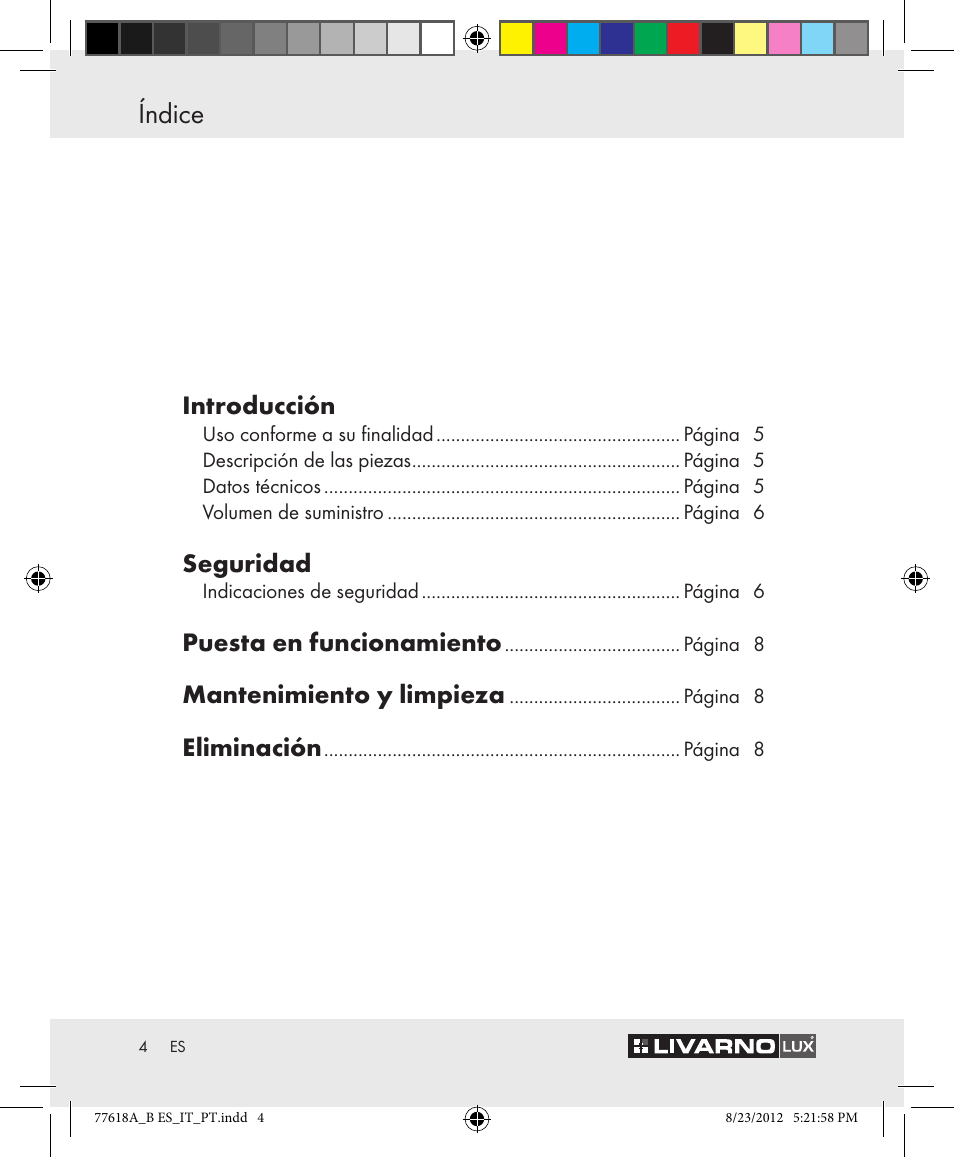 Índice, Introducción, Seguridad | Puesta en funcionamiento, Mantenimiento y limpieza, Eliminación | Livarno Z31303A-BS Z31303B-BS User Manual | Page 4 / 34