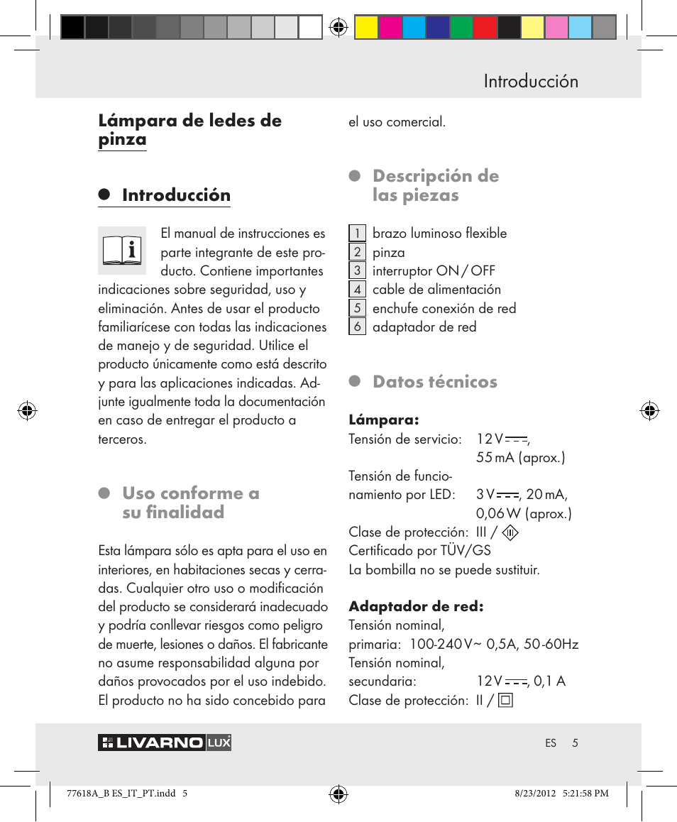 Introducción, Lámpara de ledes de pinza, Uso conforme a su finalidad | Descripción de las piezas, Datos técnicos | Livarno Z31303A-BS Z31303B-BS User Manual | Page 5 / 34