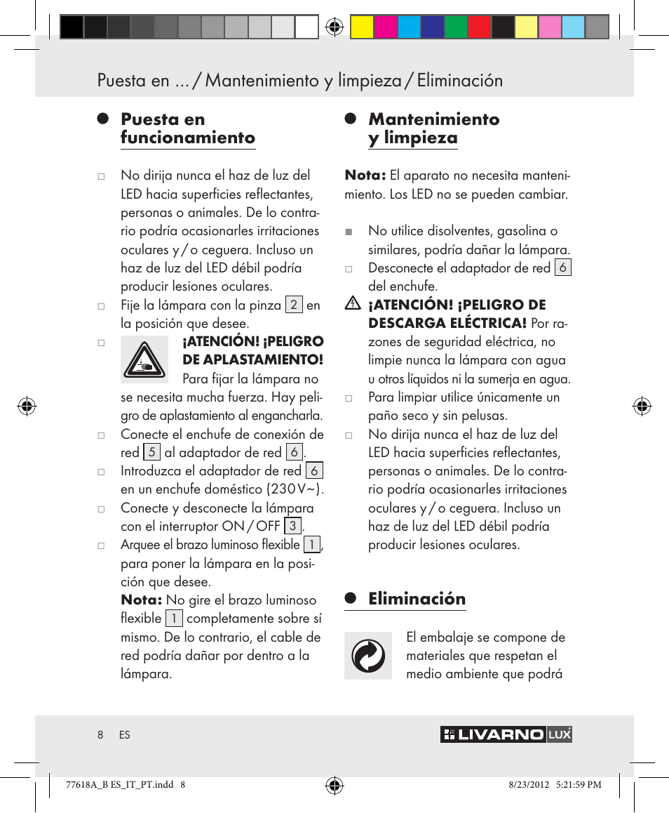 Puesta en funcionamiento, Mantenimiento y limpieza, Eliminación | Livarno Z31303A-BS Z31303B-BS User Manual | Page 8 / 34