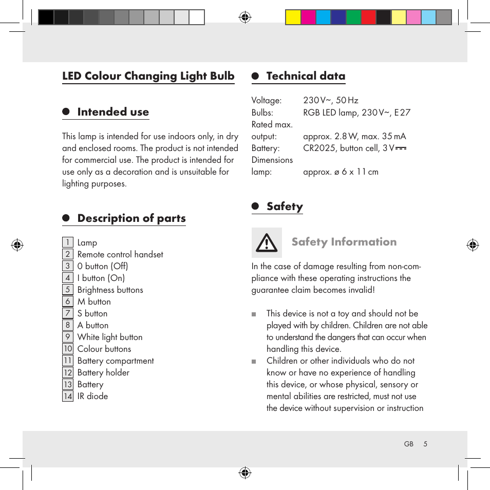 Led colour changing light bulb, Intended use, Description of parts | Technical data, Safety safety information | Livarno Z31336 User Manual | Page 5 / 16