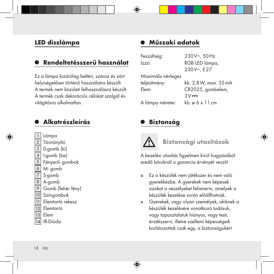 Led díszlámpa rendeltetésszerű használat, Alkatrészleírás, Műszaki adatok | Biztonság biztonsági utasítások | Livarno Z31336 User Manual | Page 18 / 47