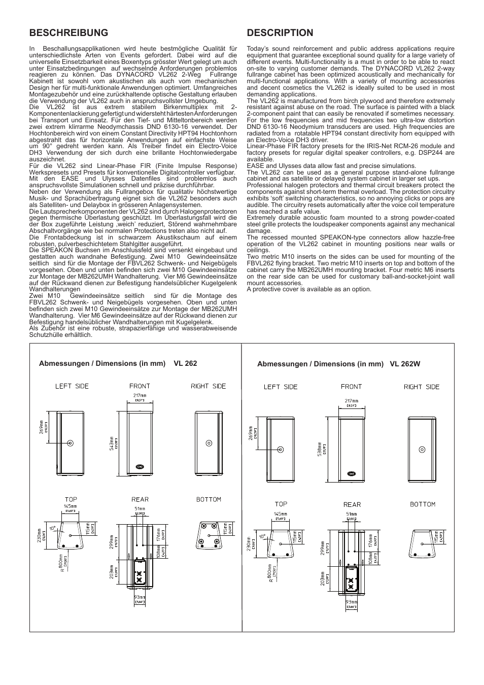 Description, Beschreibung | Dynacord VL262 User Manual | Page 2 / 6