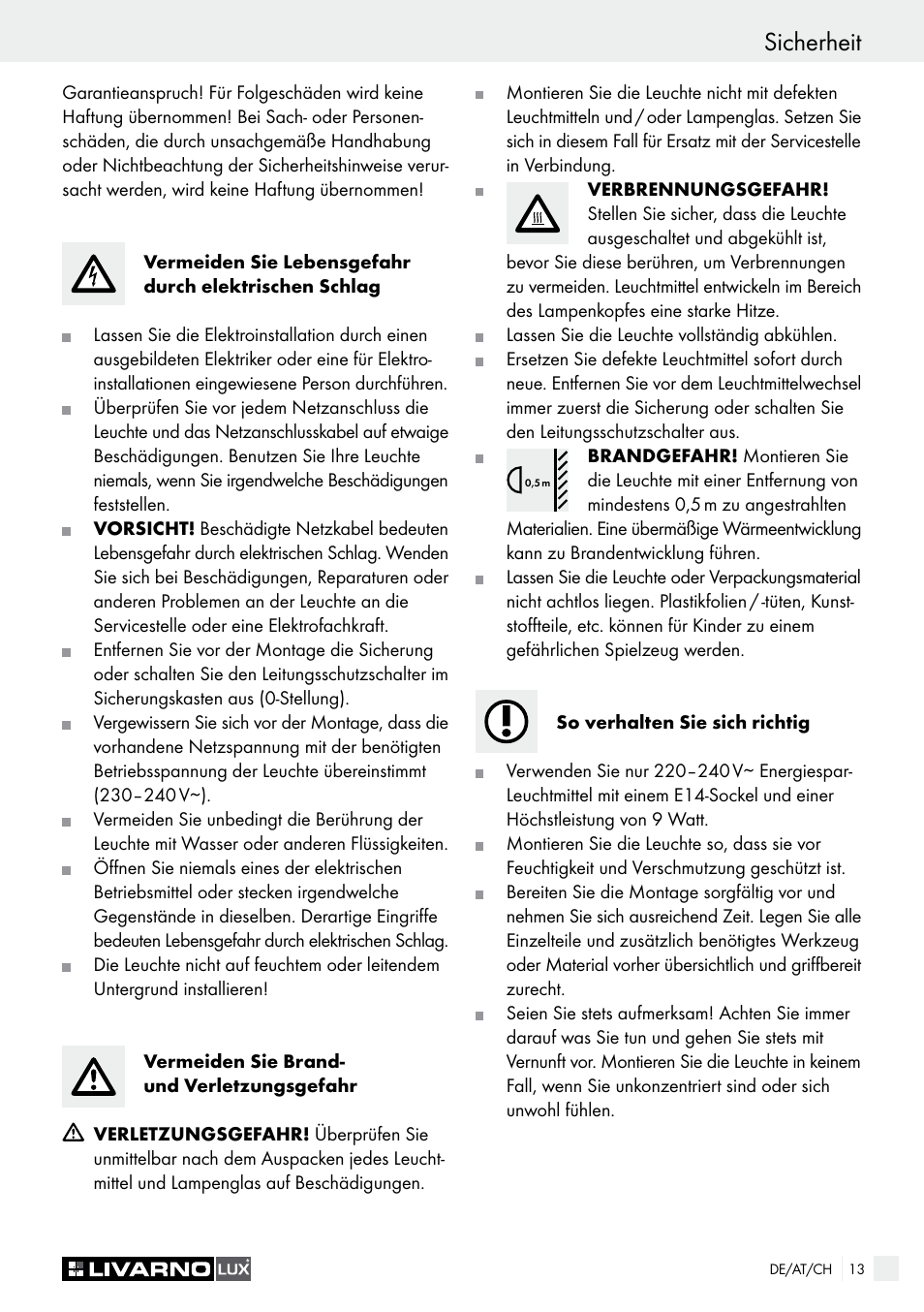 Sicherheit einleitung / sicherheit | Livarno Energy-Saving Ceiling Lamp User Manual | Page 13 / 25