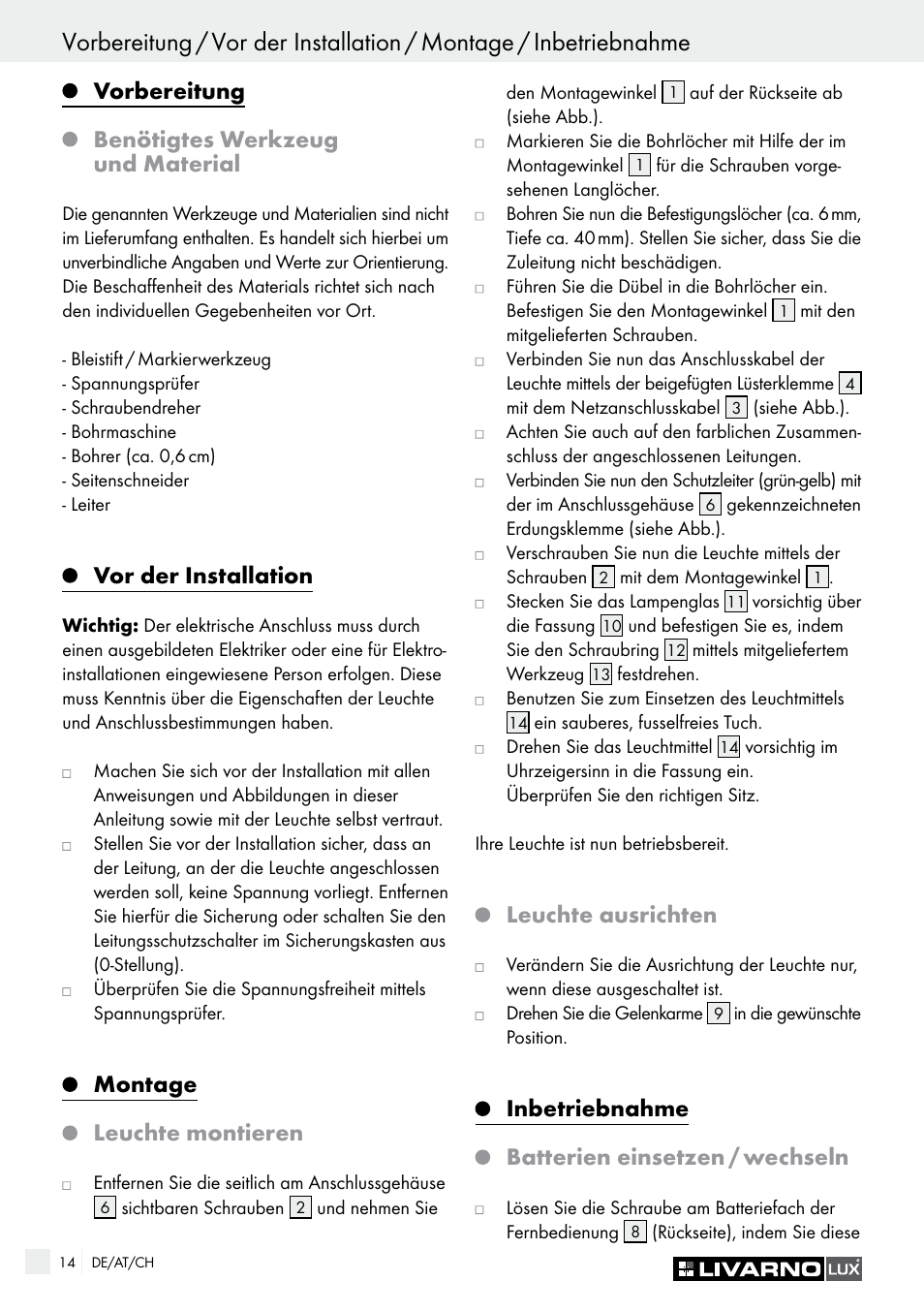Vorbereitung, Benötigtes werkzeug und material, Vor der installation | Montage, Leuchte montieren, Leuchte ausrichten, Inbetriebnahme, Batterien einsetzen / wechseln | Livarno Energy-Saving Ceiling Lamp User Manual | Page 14 / 25