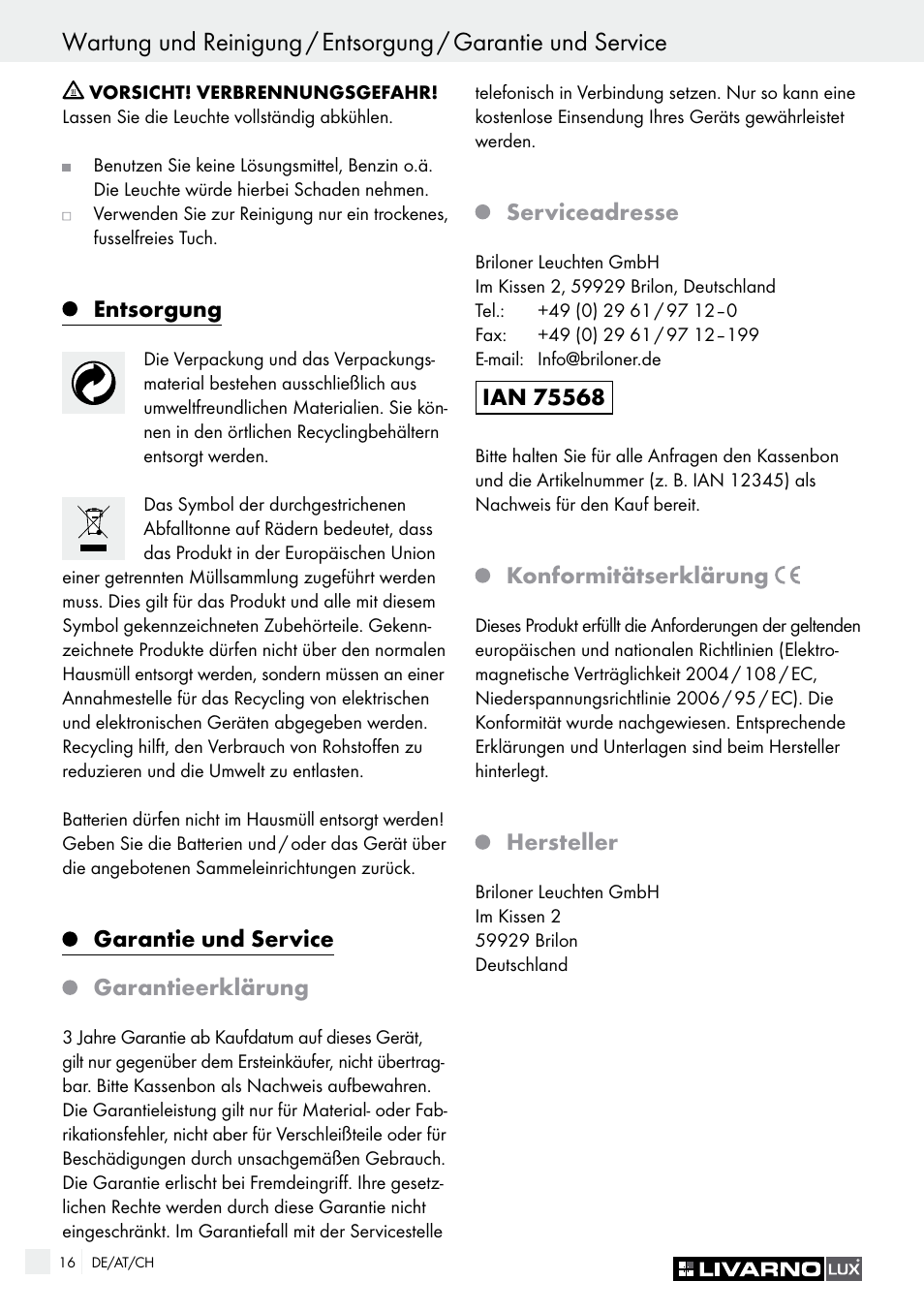 Entsorgung, Garantie und service garantieerklärung, Serviceadresse | Konformitätserklärung, Hersteller | Livarno Energy-Saving Ceiling Lamp User Manual | Page 16 / 25