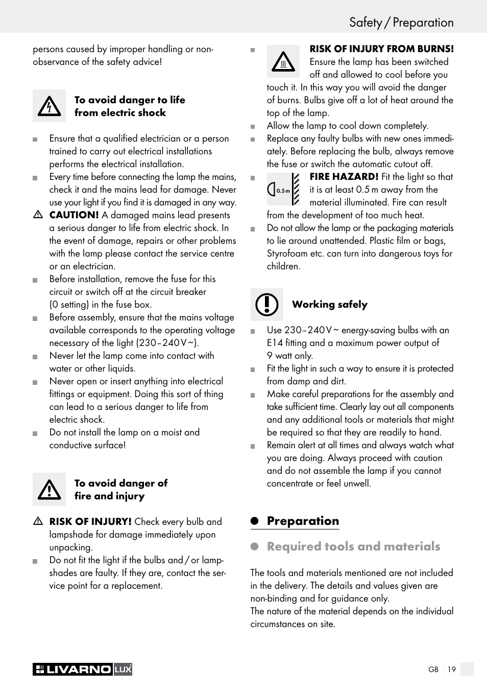 Introduction / safety safety / preparation, Preparation, Required tools and materials | Livarno Energy-Saving Ceiling Lamp User Manual | Page 19 / 25