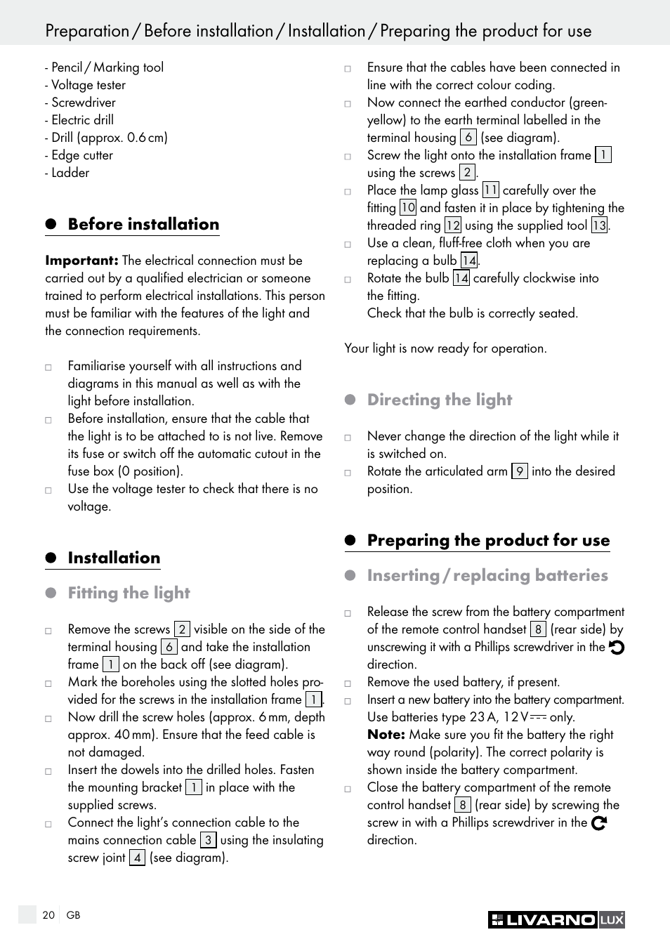 Before installation, Installation, Fitting the light | Directing the light, Preparing the product for use, Inserting / replacing batteries | Livarno Energy-Saving Ceiling Lamp User Manual | Page 20 / 25