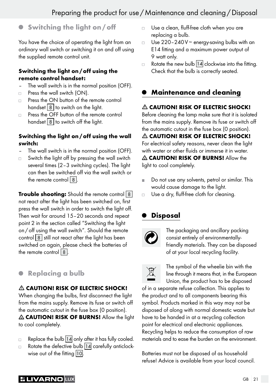 Switching the light on / off, Replacing a bulb, Maintenance and cleaning | Disposal | Livarno Energy-Saving Ceiling Lamp User Manual | Page 21 / 25