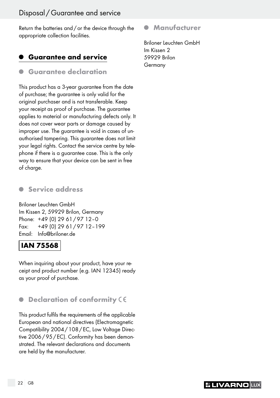 Disposal / guarantee and service | Livarno Energy-Saving Ceiling Lamp User Manual | Page 22 / 25