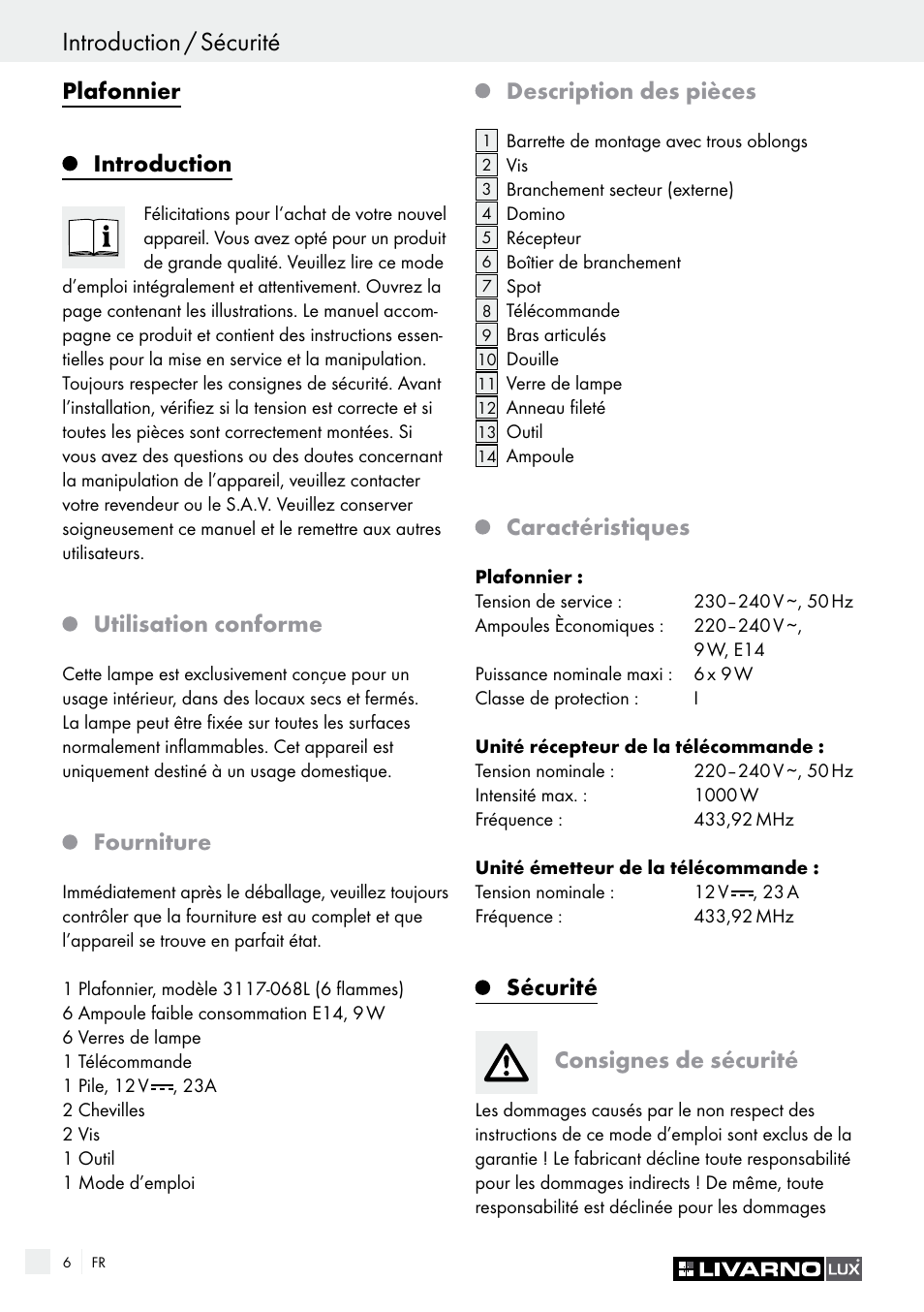 Sécurité / préparation introduction / sécurité, Plafonnier, Introduction | Utilisation conforme, Fourniture, Description des pièces, Caractéristiques, Sécurité consignes de sécurité | Livarno Energy-Saving Ceiling Lamp User Manual | Page 6 / 25