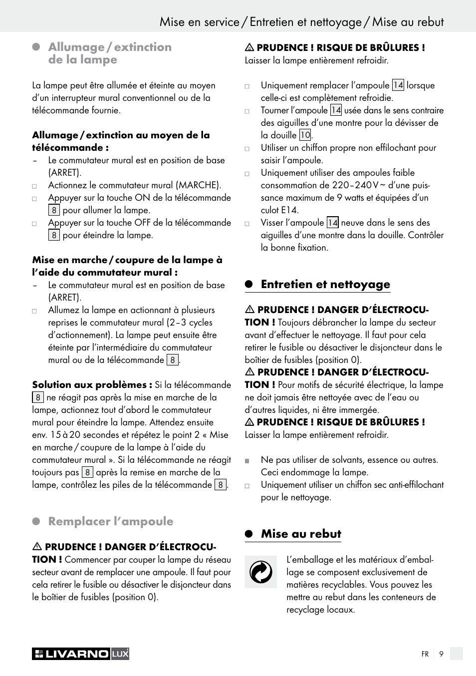 Allumage / extinction de la lampe, Remplacer l’ampoule, Entretien et nettoyage | Mise au rebut | Livarno Energy-Saving Ceiling Lamp User Manual | Page 9 / 25