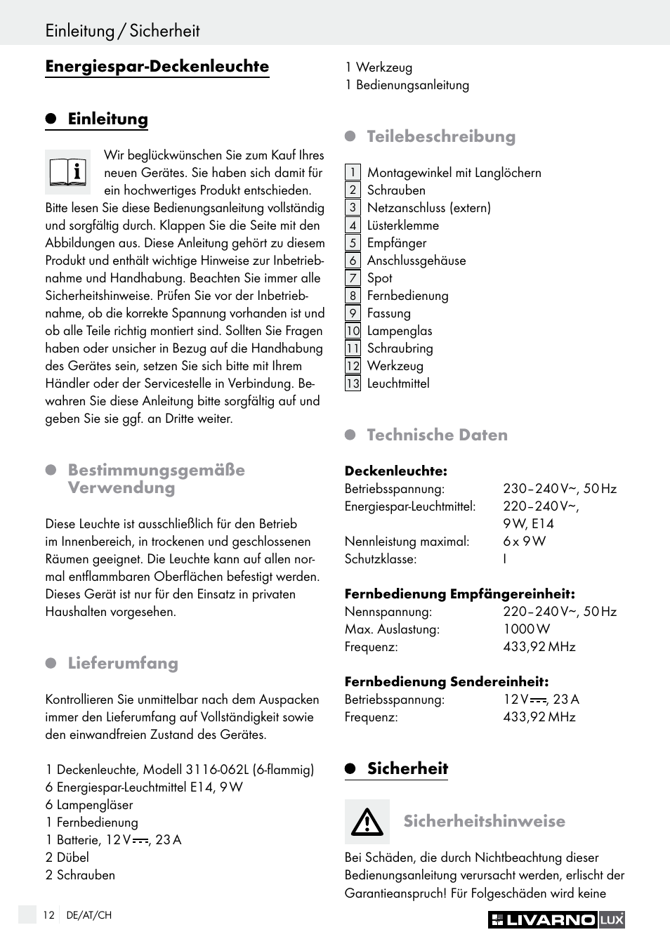 Sicherheit einleitung / sicherheit, Energiespar-deckenleuchte, Einleitung | Bestimmungsgemäße verwendung, Lieferumfang, Teilebeschreibung, Technische daten, Sicherheit sicherheitshinweise | Livarno Energy-Saving Ceiling Lamp User Manual | Page 12 / 25