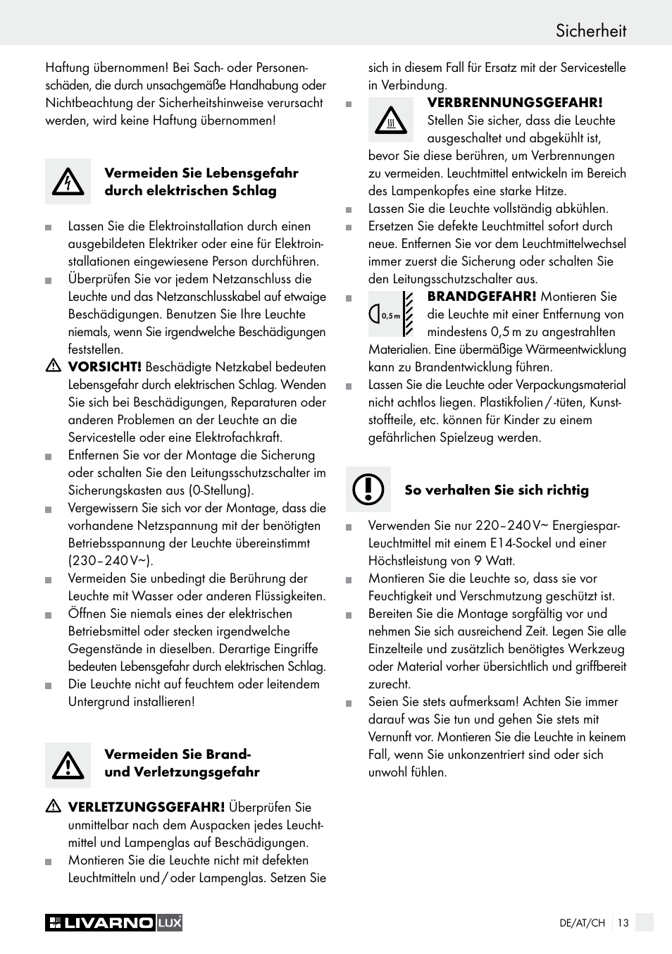 Sicherheit einleitung / sicherheit | Livarno Energy-Saving Ceiling Lamp User Manual | Page 13 / 25