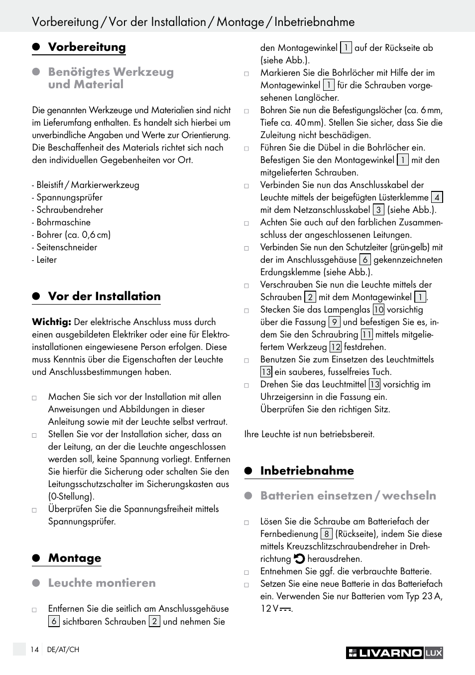 Vorbereitung, Benötigtes werkzeug und material, Vor der installation | Montage, Leuchte montieren, Inbetriebnahme, Batterien einsetzen / wechseln | Livarno Energy-Saving Ceiling Lamp User Manual | Page 14 / 25