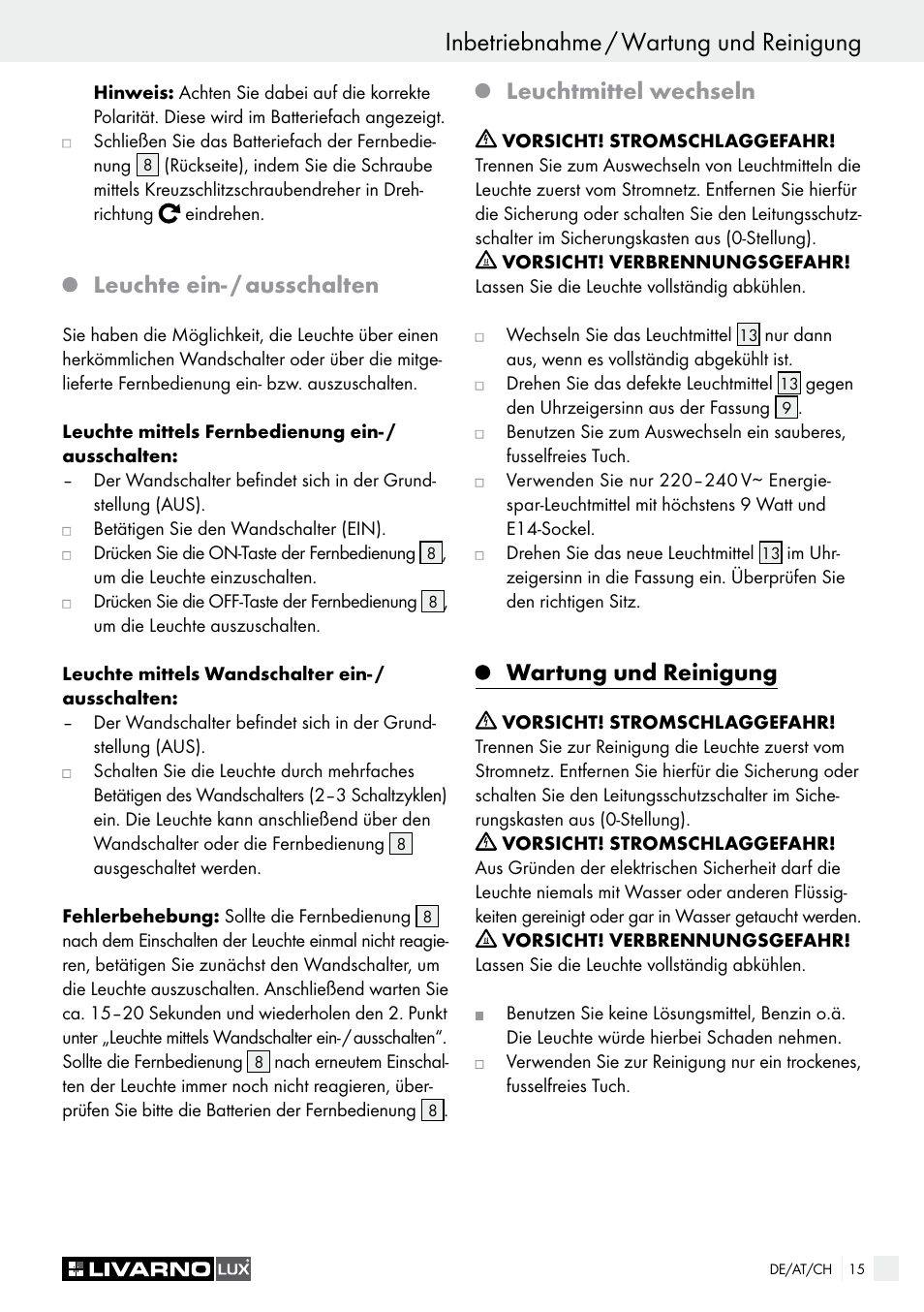Leuchte ein- / ausschalten, Leuchtmittel wechseln, Wartung und reinigung | Livarno Energy-Saving Ceiling Lamp User Manual | Page 15 / 25