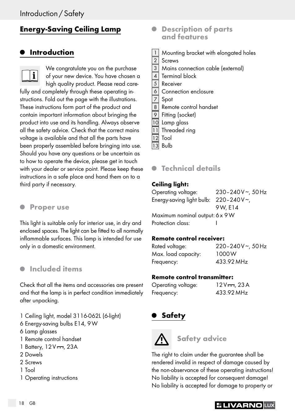 Introduction / safety, Safety / preparation, Energy-saving ceiling lamp | Introduction, Proper use, Included items, Description of parts and features, Technical details, Safety safety advice | Livarno Energy-Saving Ceiling Lamp User Manual | Page 18 / 25