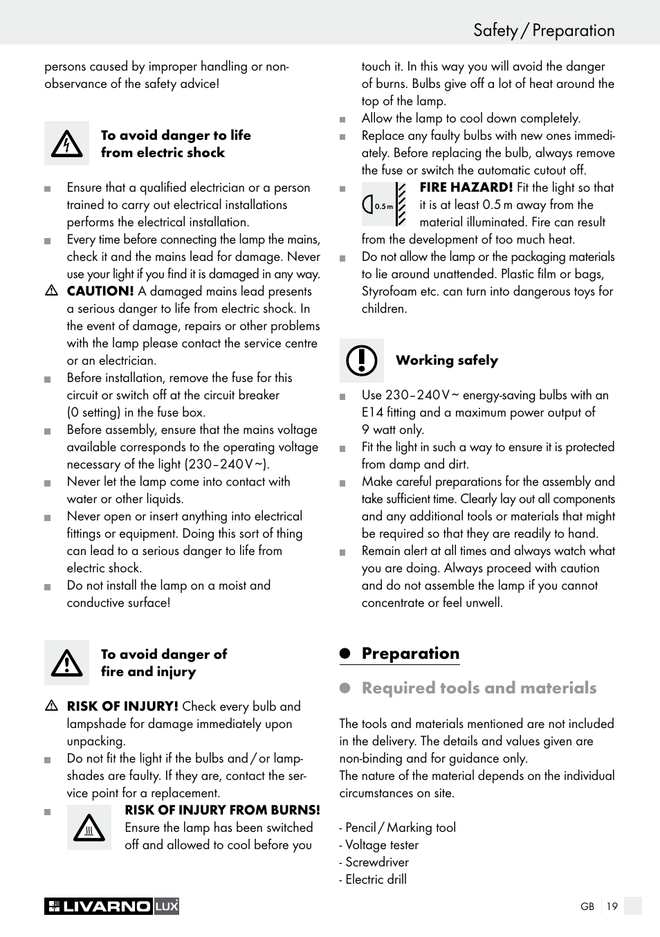 Introduction / safety safety / preparation, Preparation, Required tools and materials | Livarno Energy-Saving Ceiling Lamp User Manual | Page 19 / 25