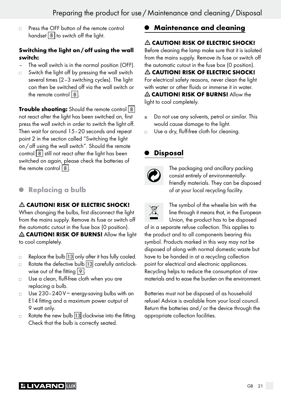 Replacing a bulb, Maintenance and cleaning, Disposal | Livarno Energy-Saving Ceiling Lamp User Manual | Page 21 / 25