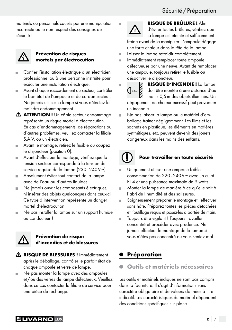 Sécurité / préparation introduction / sécurité, Préparation, Outils et matériels nécessaires | Livarno Energy-Saving Ceiling Lamp User Manual | Page 7 / 25