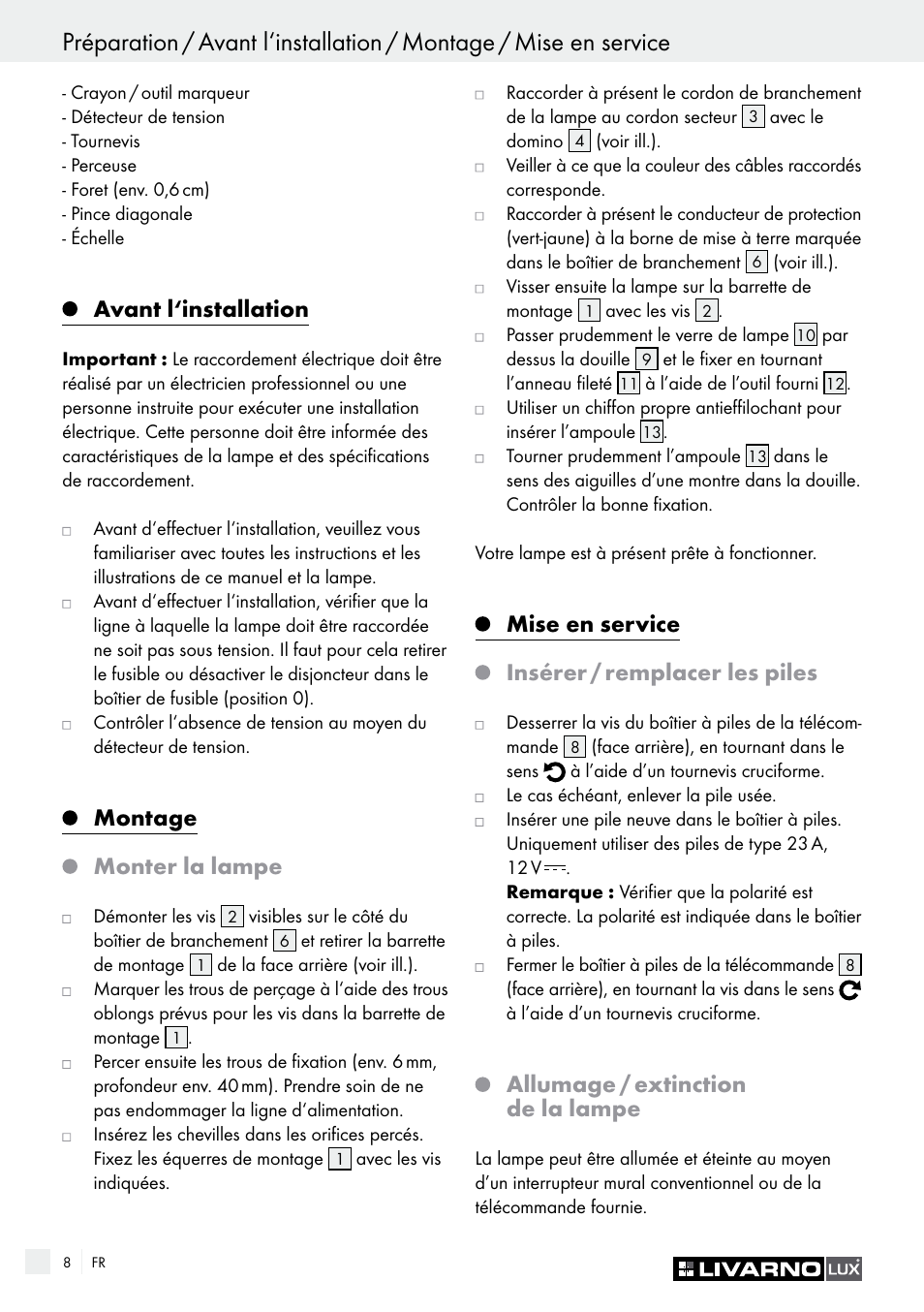 Avant l‘installation, Montage, Monter la lampe | Mise en service, Insérer / remplacer les piles, Allumage / extinction de la lampe | Livarno Energy-Saving Ceiling Lamp User Manual | Page 8 / 25