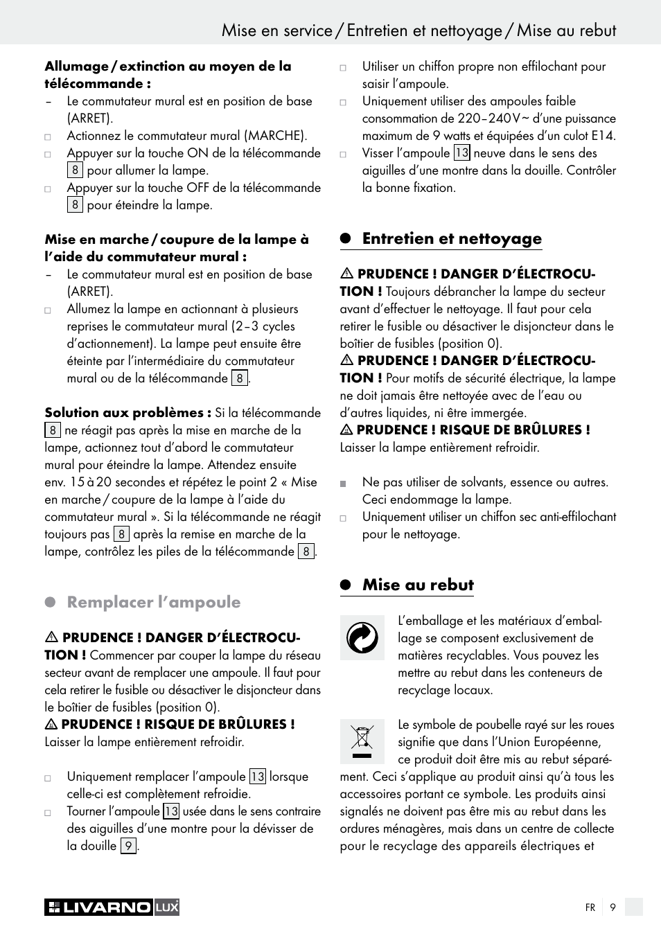 Remplacer l’ampoule, Entretien et nettoyage, Mise au rebut | Livarno Energy-Saving Ceiling Lamp User Manual | Page 9 / 25