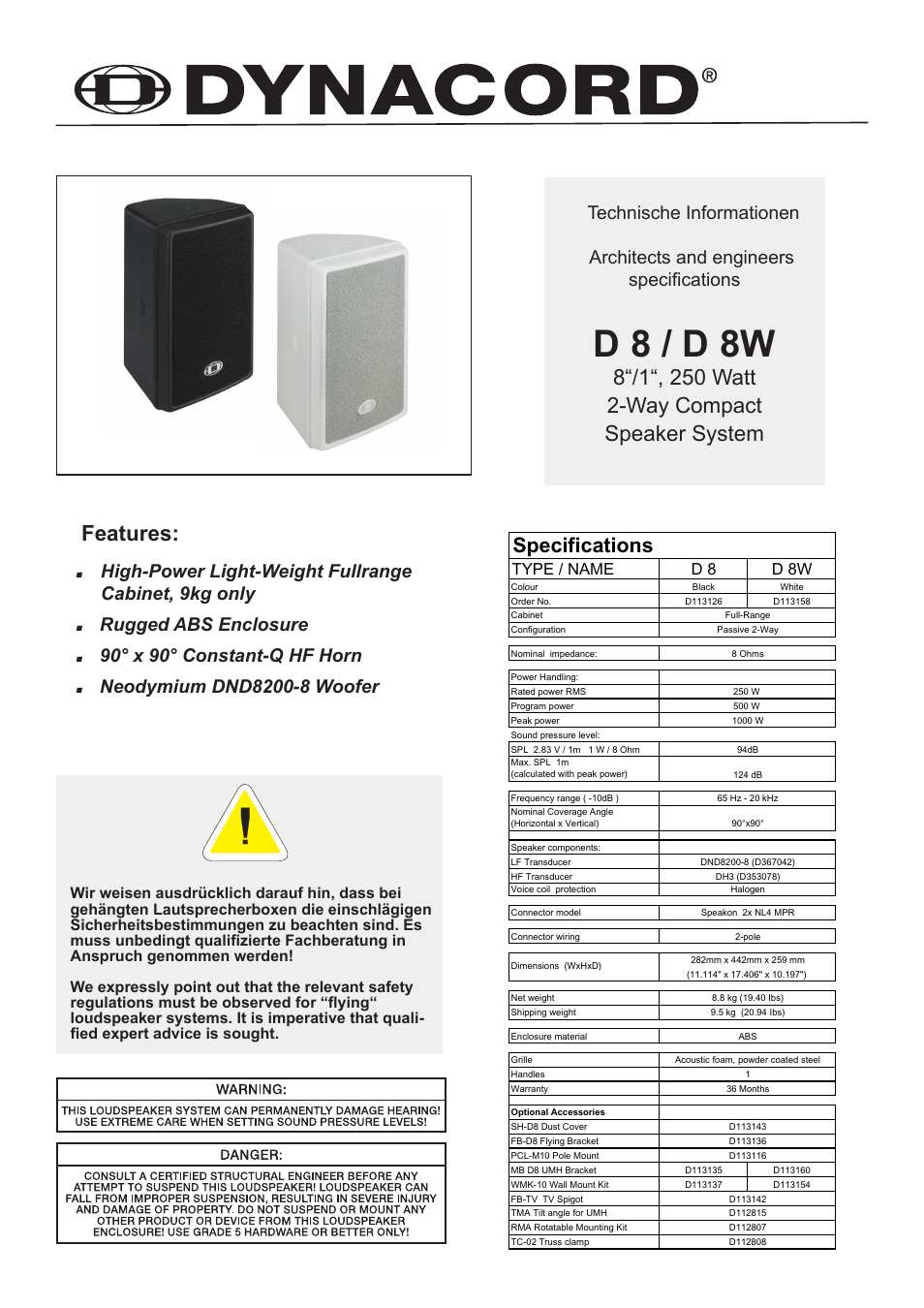Dynacord D 8W User Manual | 6 pages