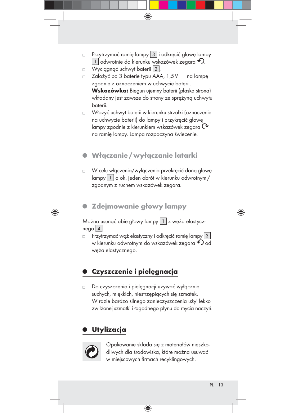 Włączanie / wyłączanie latarki, Zdejmowanie głowy lampy, Czyszczenie i pielęgnacja | Utylizacja | Livarno Z31240 User Manual | Page 13 / 46