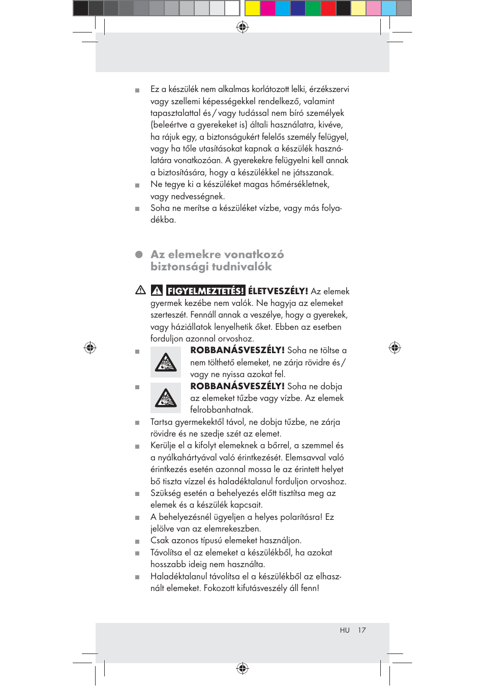 Az elemekre vonatkozó biztonsági tudnivalók | Livarno Z31240 User Manual | Page 17 / 46