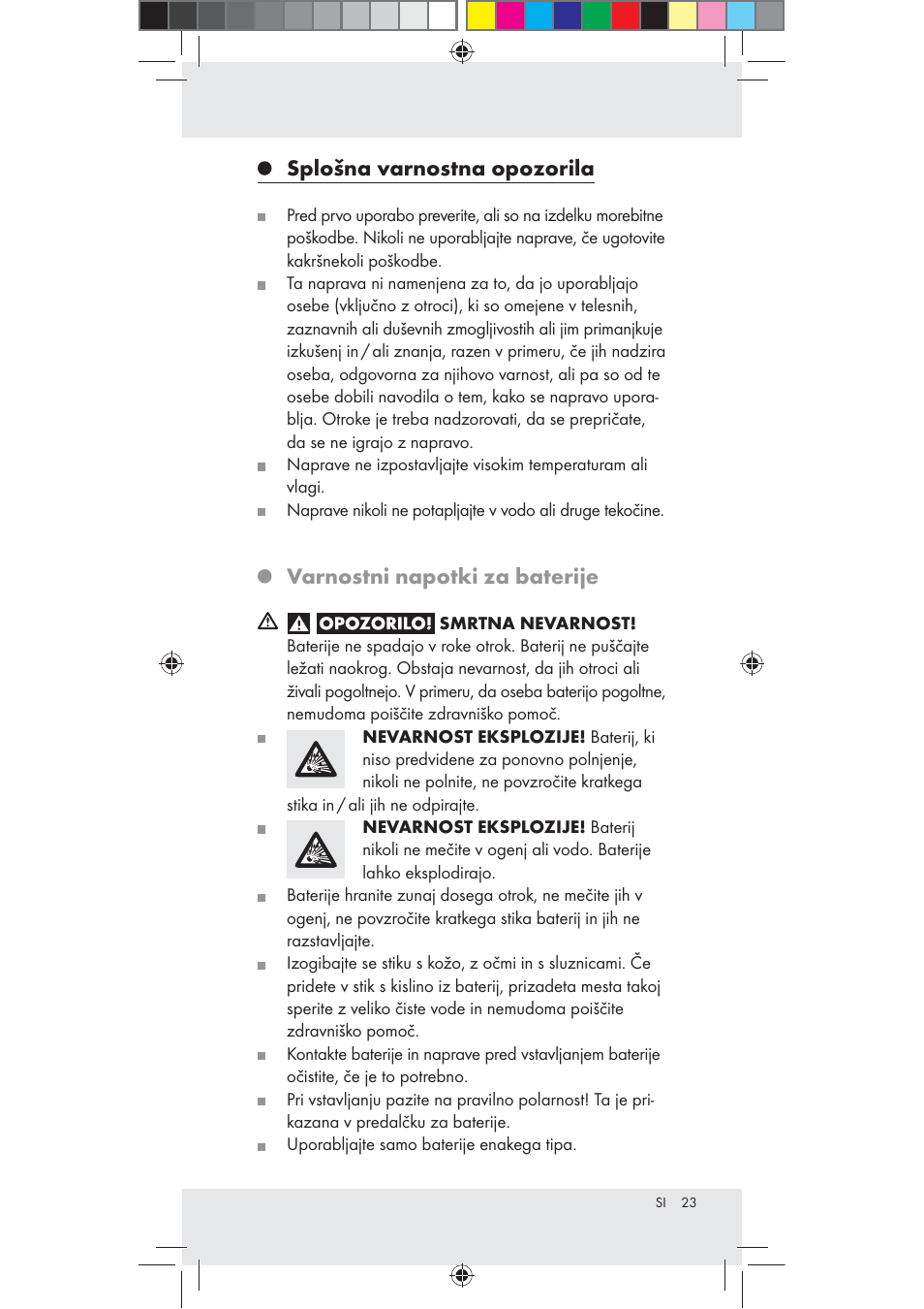 Splošna varnostna opozorila, Varnostni napotki za baterije | Livarno Z31240 User Manual | Page 23 / 46