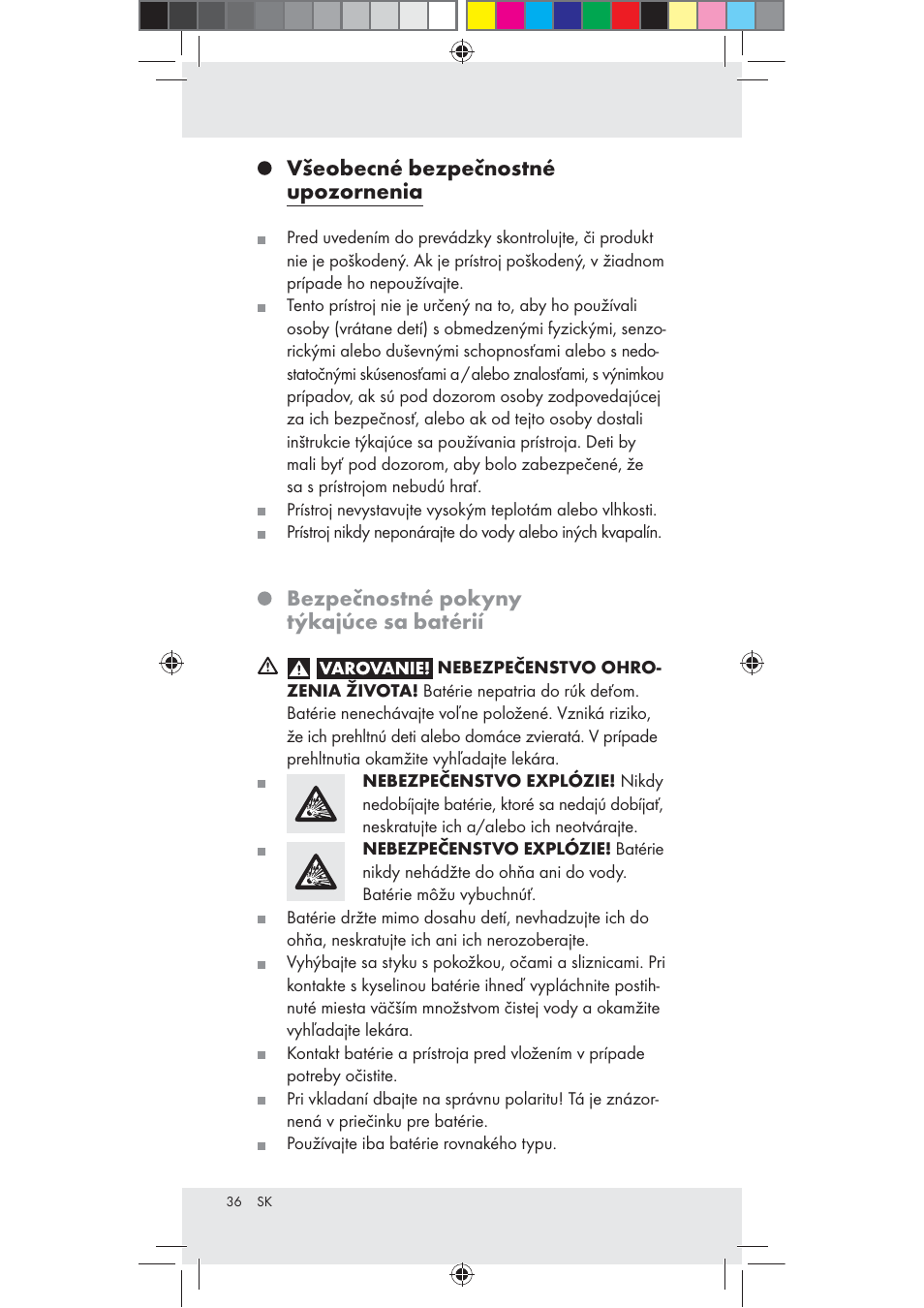 Všeobecné bezpečnostné upozornenia, Bezpečnostné pokyny týkajúce sa batérií | Livarno Z31240 User Manual | Page 36 / 46