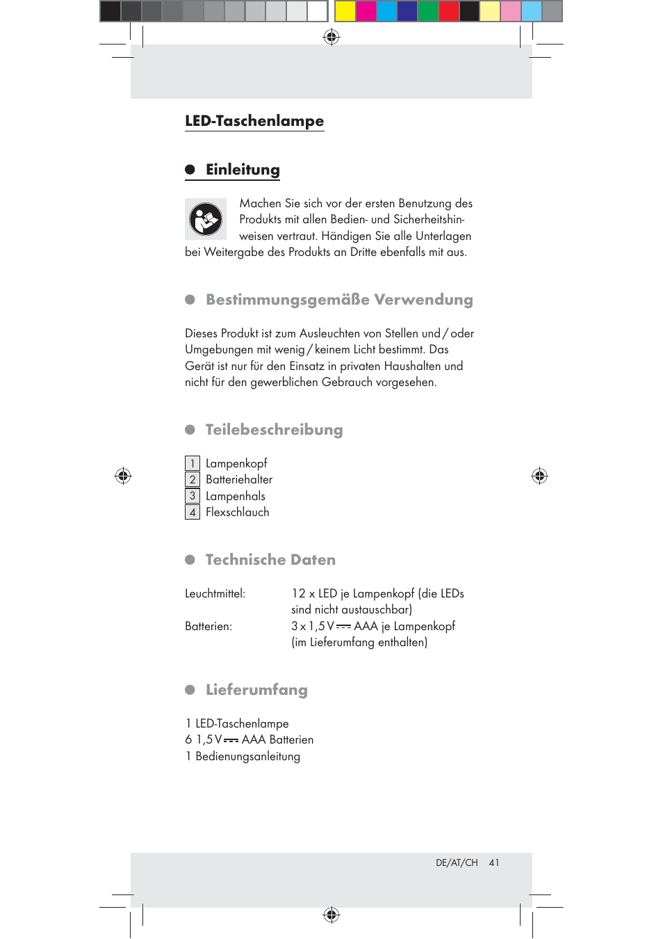 Led-taschenlampe, Einleitung, Bestimmungsgemäße verwendung | Teilebeschreibung, Technische daten, Lieferumfang | Livarno Z31240 User Manual | Page 41 / 46