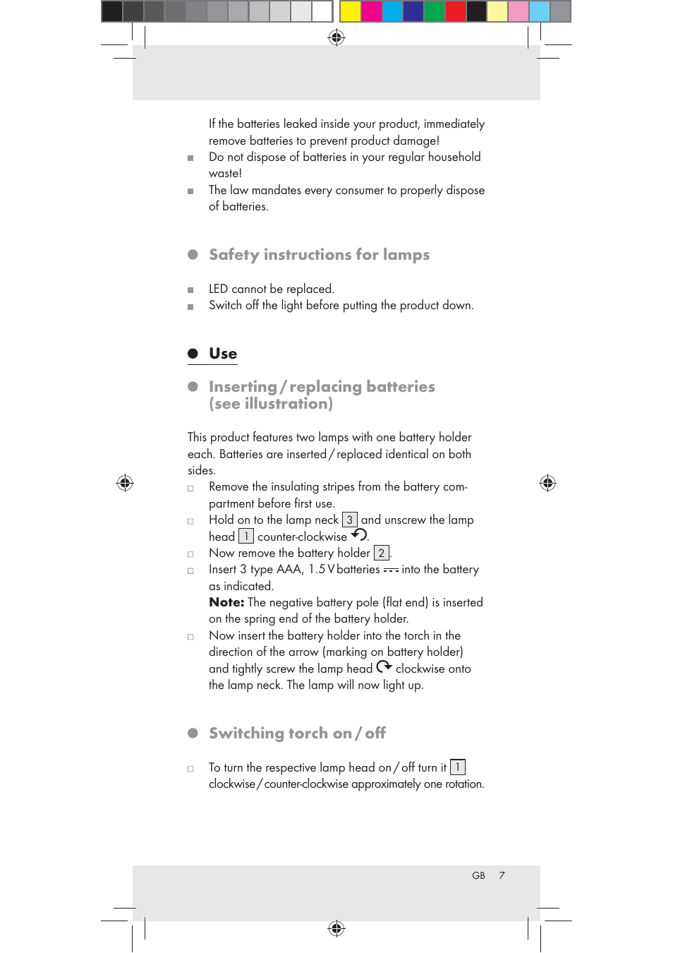 Safety instructions for lamps, Switching torch on / oﬀ | Livarno Z31240 User Manual | Page 7 / 46