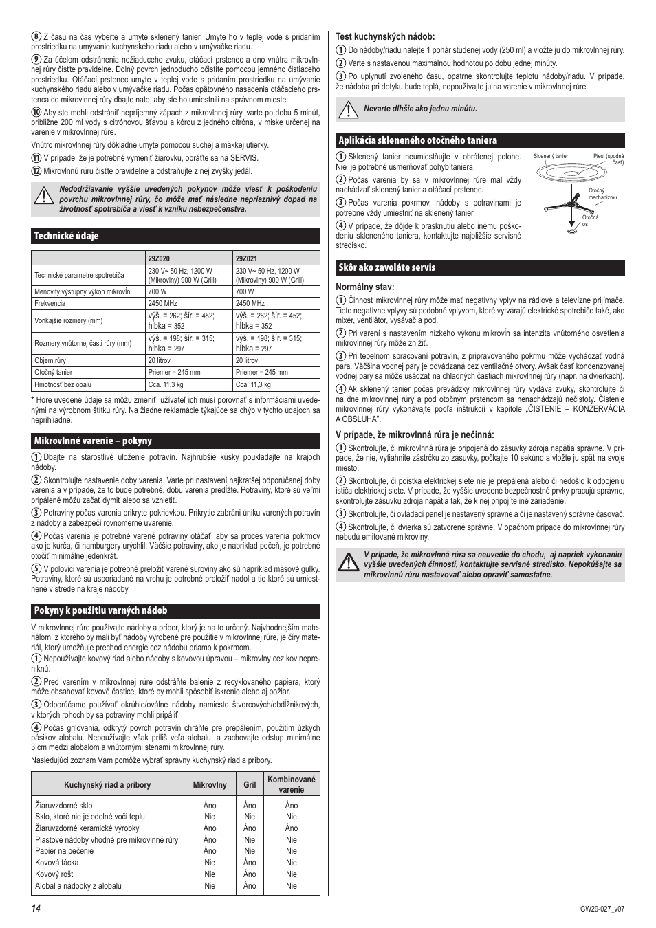 Aplikácia skleneného otočného taniera, Skôr ako zavoláte servis, Technické údaje | Mikrovlnné varenie – pokyny, Pokyny k použitiu varných nádob | ZELMER 29Z020 User Manual | Page 14 / 48