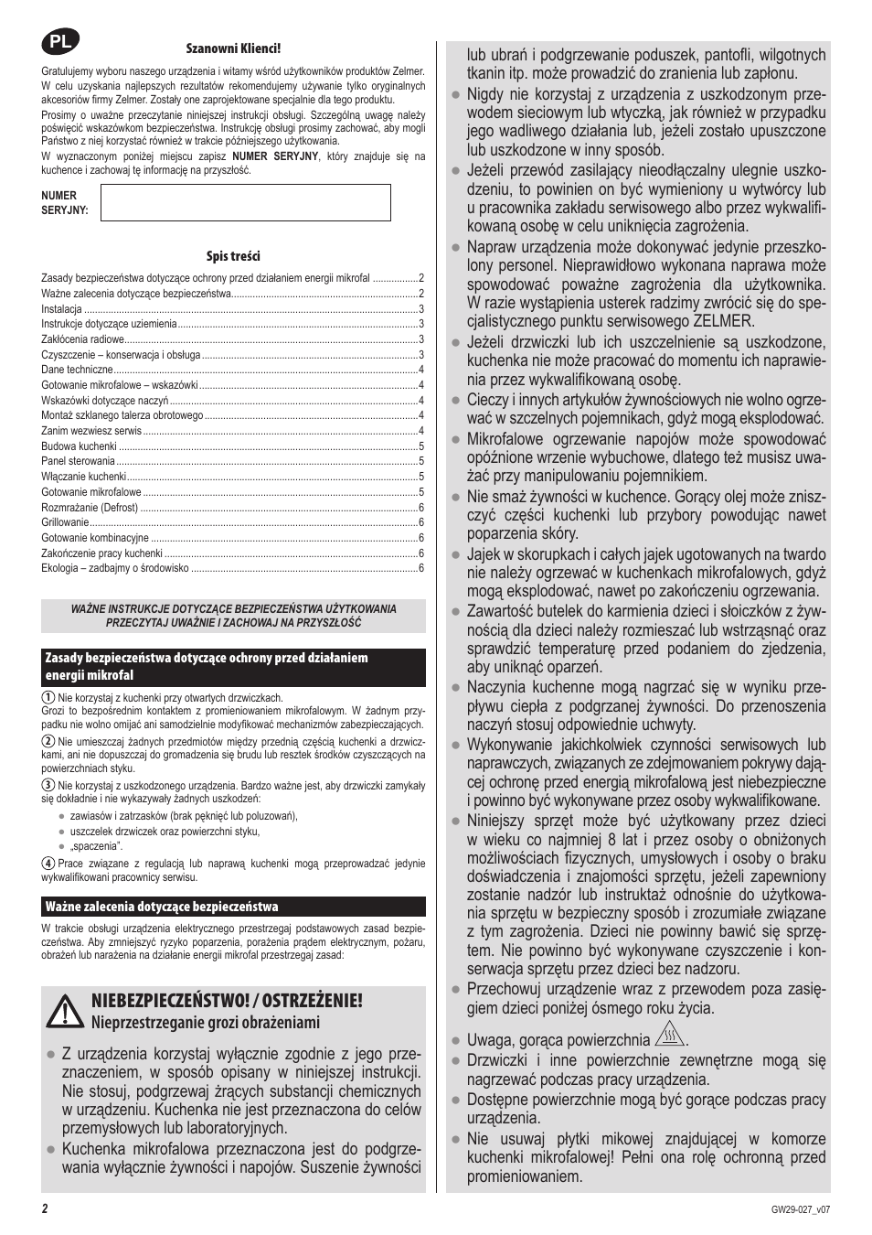 Niebezpieczeństwo! / ostrzeżenie, Nieprzestrzeganie grozi obrażeniami | ZELMER 29Z020 User Manual | Page 2 / 48