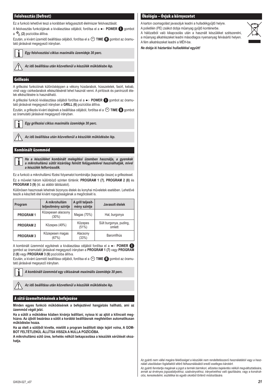 Felolvasztás (defrost), Grillezés, Kombinált üzemmód | A sütő üzemeltetésének a befejezése, Ökológia – óvjuk a környezetet | ZELMER 29Z020 User Manual | Page 21 / 48