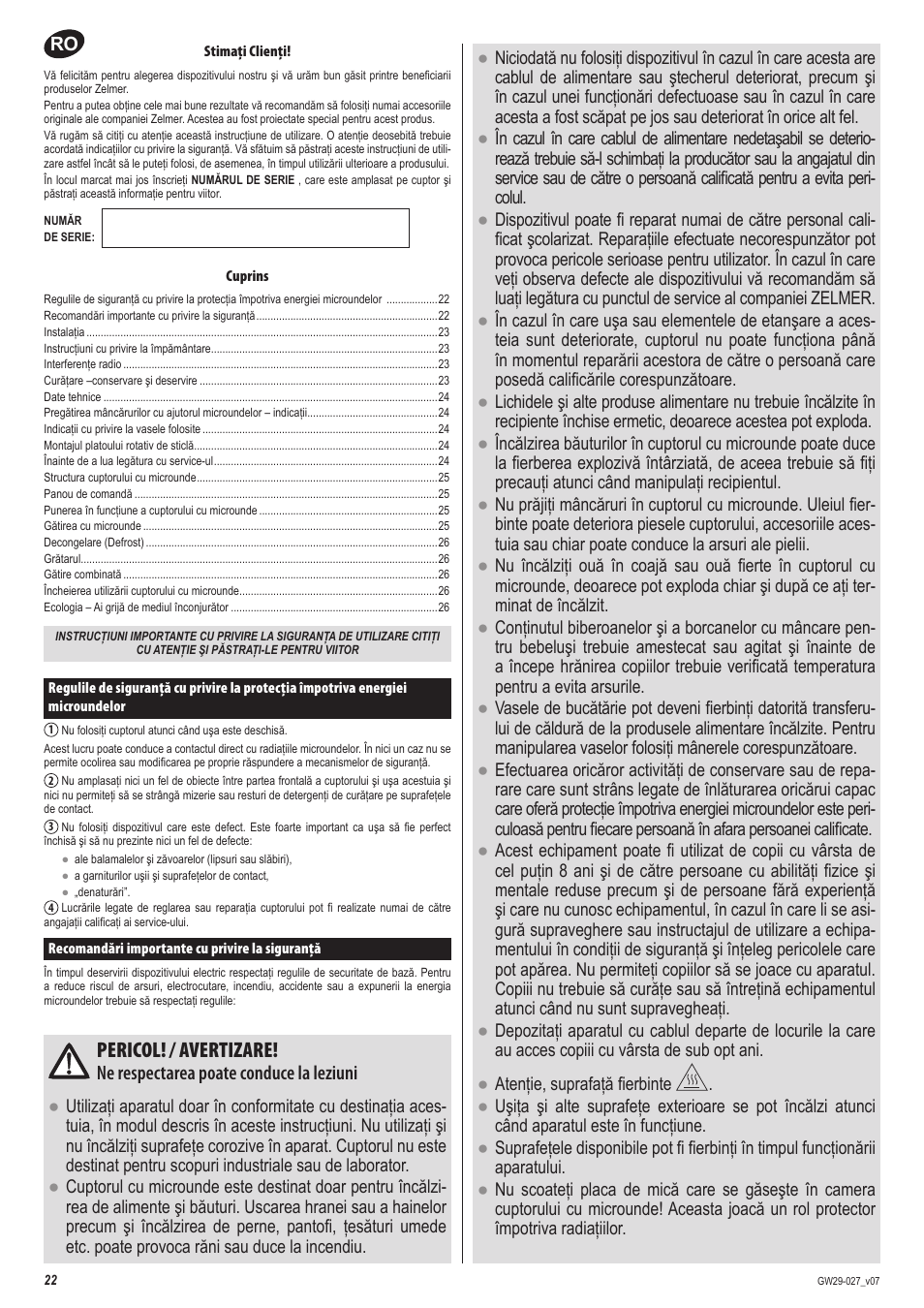 Pericol! / avertizare, Ne respectarea poate conduce la leziuni | ZELMER 29Z020 User Manual | Page 22 / 48