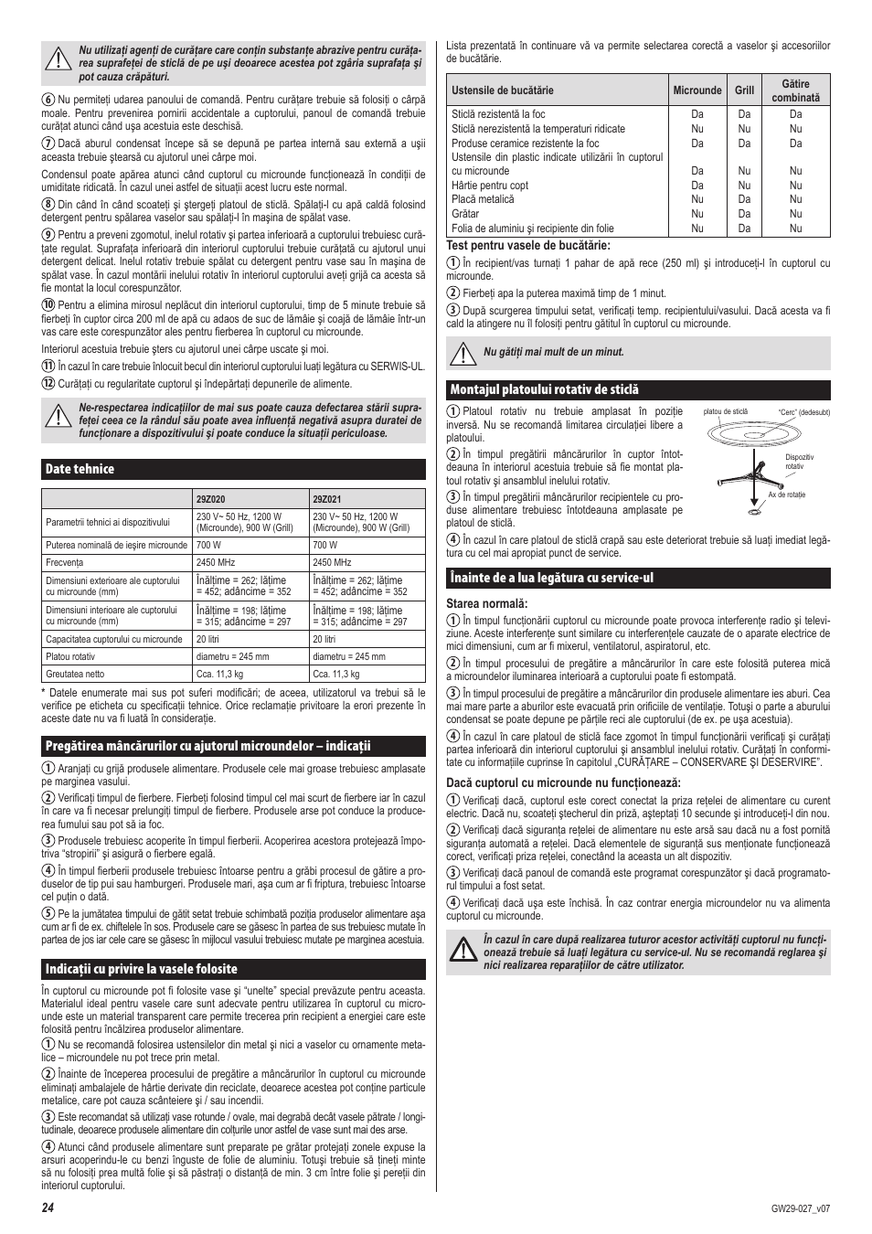 Montajul platoului rotativ de sticlă, Înainte de a lua legătura cu service-ul, Date tehnice | Indicaţii cu privire la vasele folosite | ZELMER 29Z020 User Manual | Page 24 / 48