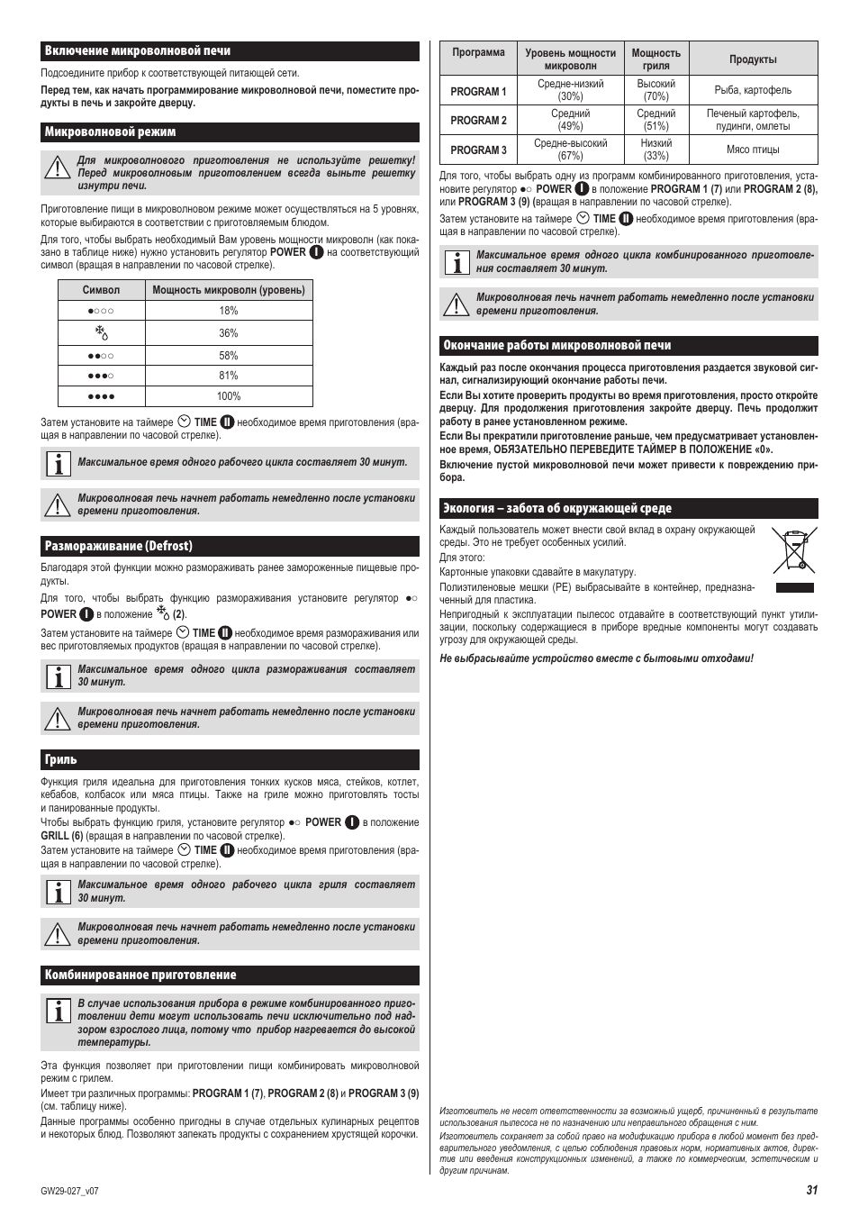 Включение микроволновой печи, Микроволновой режим, Размораживание (defrost) | Гриль, Комбинированное приготовление, Окончание работы микроволновой печи, Экология – забота об окружающей среде | ZELMER 29Z020 User Manual | Page 31 / 48