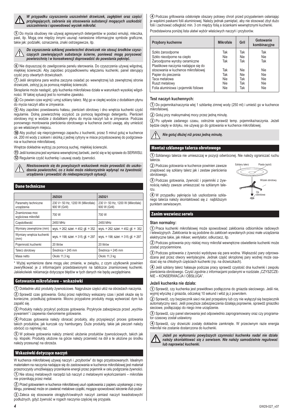Dane techniczne, Gotowanie mikrofalowe – wskazówki, Wskazówki dotyczące naczyń | Montaż szklanego talerza obrotowego, Zanim wezwiesz serwis | ZELMER 29Z020 User Manual | Page 4 / 48
